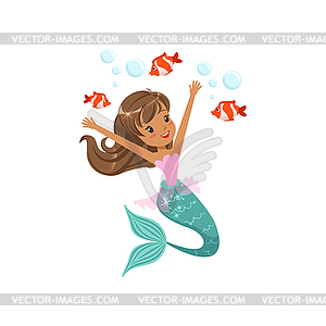 Счастливая девушка-русалка плавает под водой с маленькой - векторизованный клипарт