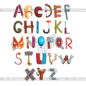 Collection of letters made of various objects, - vector clipart