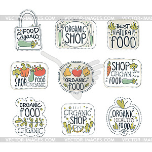 Свежие здоровые органические вегетарианские этикетки для пищевых продуктов. - векторный клипарт / векторное изображение