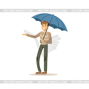 Man standing under blue umbrella flat - vector clipart