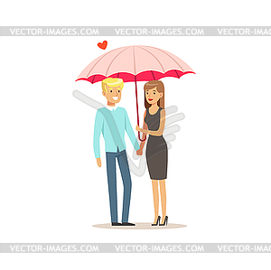 Happy couple in love standing together under pink - vector clip art