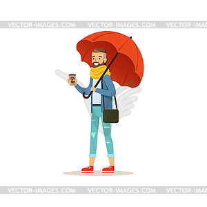 Man wearing warm clothes with coffee cup standing - vector image