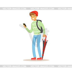 Smiling man standing with phone and folded - vector image