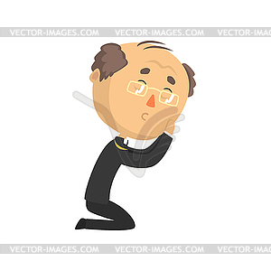 Humble mature priest character kneeling down and - vector image