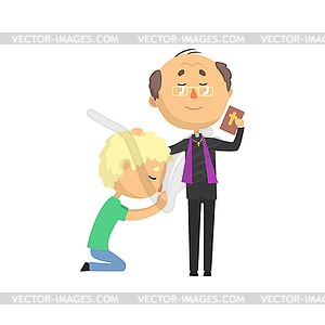 Priest character blessing praying man, catholic - vector image
