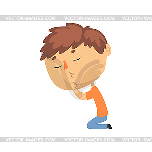 Young man praying on his knees with eyes closed - vector image