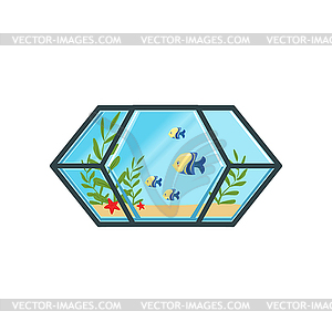 Geometric aquarium with little fishes, sand, sea - vector image