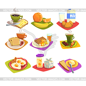 Classic breakfast ideas set. Cartoon with coffee an - stock vector clipart