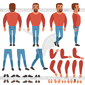 Flat of bearded man constructor for animation. - vector image