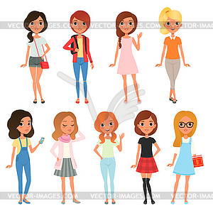 Collection of cute teenager girls dressed in stylis - royalty-free vector image