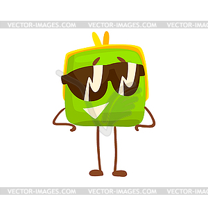 Cute purse character wearing sunglasses, funny gree - vector clip art