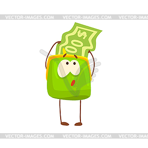 Cute purse character with dollar bill, funny green - vector image