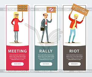 Meeting, rally, riot banners set, angry people - vector clip art