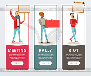 Meeting, rally, riot banners set, men with picket - vector clipart