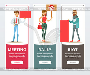 Meeting, rally, riot banners set, people with picke - vector image