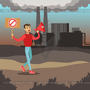 Man protesting standing on air pollution background - vector image