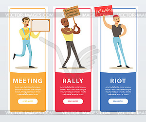 Meeting, rally, riot banners set, people holding - vector image