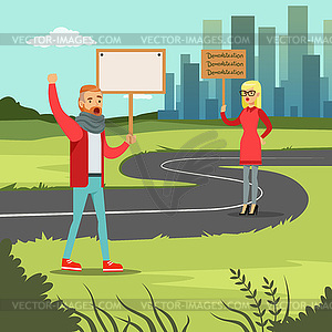 Man and woman with placards claiming their demands - vector clipart