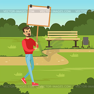 Man with placard claiming his demands in park, - vector image