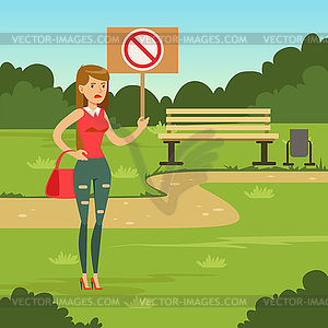 Woman with placard claiming her demands in park, - vector EPS clipart