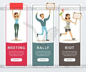 Meeting, rally, riot banners set, angry people - vector image