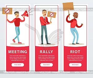 Meeting, rally, riot banners set, angry men - vector image