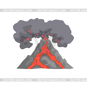 Volcanic eruption, lava flowing down mountain, - vector clip art