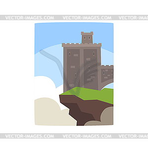 Cartoon gray castle with little turret on edge of - vector image