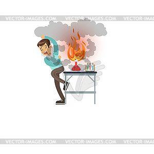 Boy after failed chemical experiment, scientist - vector image