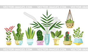 Set of flat style colorful houseplants in pots - vector image