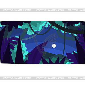 Тропические джунгли с силуэтами дерева и луны, - векторный эскиз