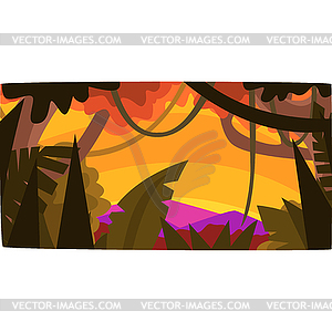 Sunset in tropical jungle, greenwood background wit - vector clipart