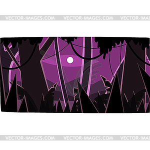 Deep tropical jungle with wood silhouettes and moon - vector image