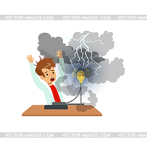 Boy scientist after failed physical experiment, - vector clip art