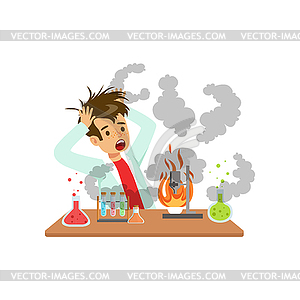 Boy after failed chemical experiment, mixture - vector image