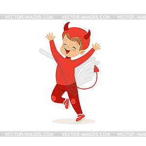 Little boy dressed as devil, cute kid in red - vector image