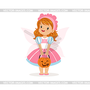 Sweet little girl in halloween costume standing wit - vector image