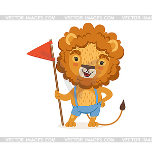 Cute cartoon lion character standing with flag in - vector clipart