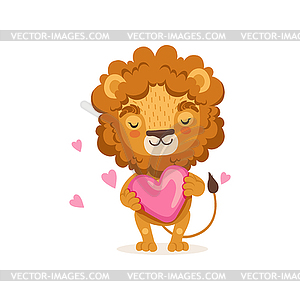Adorable baby lion cartoon standing with big pink - vector clip art