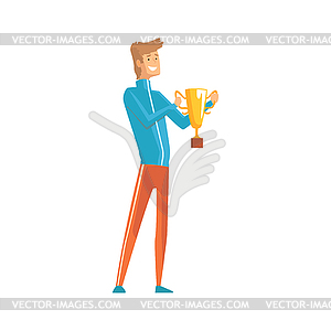 Handsome young sportsman holding winner trophy. - vector image