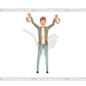 Lucky man holding two bags of money. Cartoon male - vector image