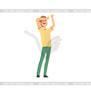 Cartoon man with happy face expression holding his - vector clip art
