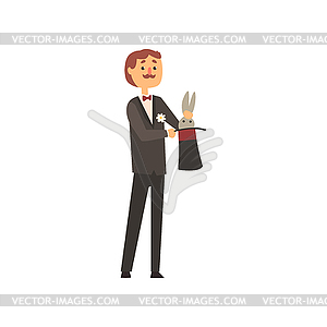 Moustached magician pulling rabbit of cylinder - vector clipart