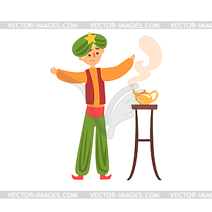 Cartoon man summons genie of magic golden lamp. - vector image