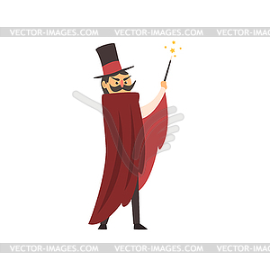 Moustached illusionist waving his magic wand. - vector clip art