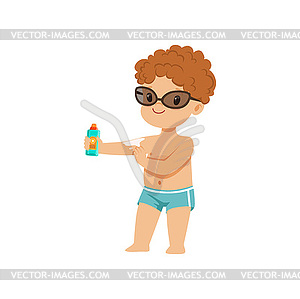 Cute little boy applying sunscreen, kid playing at - vector image