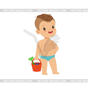 Cute little boy standing with bucket, kid playing a - vector image