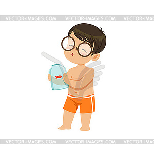 Cute little boy holding glass jar with goldfish, ki - vector clipart