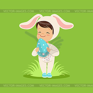 Sweet little baby in white bunny costume holding - vector image