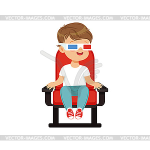 Симпатичный маленький мальчик в 3d очки, сидя на красном стуле - изображение в векторном виде